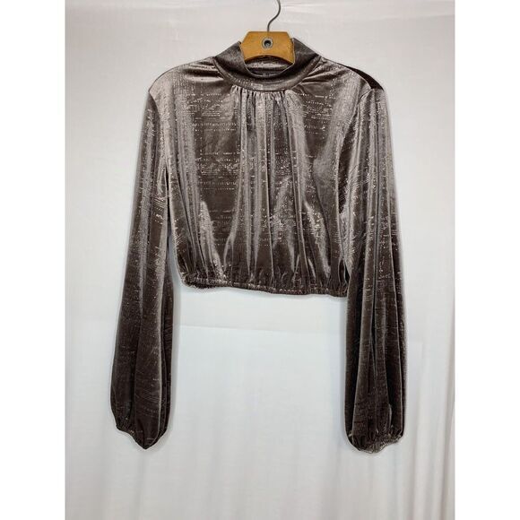 SHEIN X Kimberly Loaiza Mock‎ Neck Lantern Sleeve Velvet Crop Top Size L - Picture 1 of 3